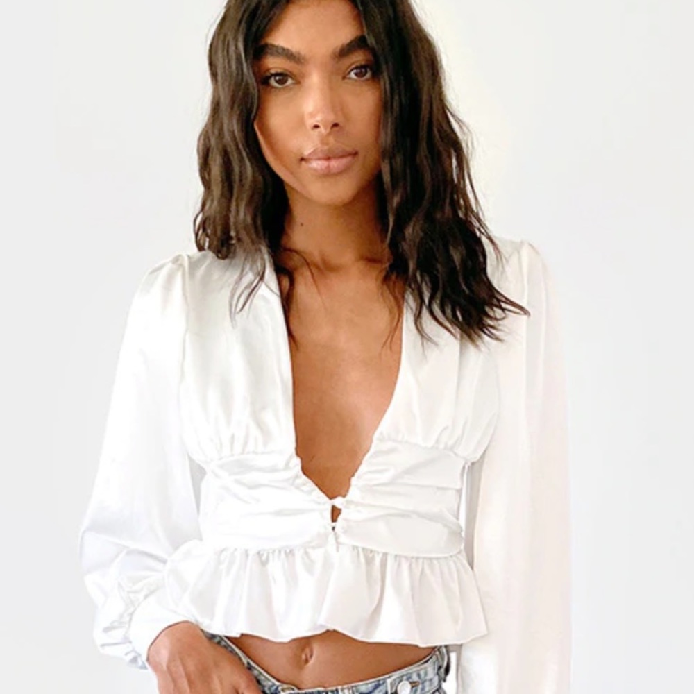 White Satin Ruched Button Waist Blouse